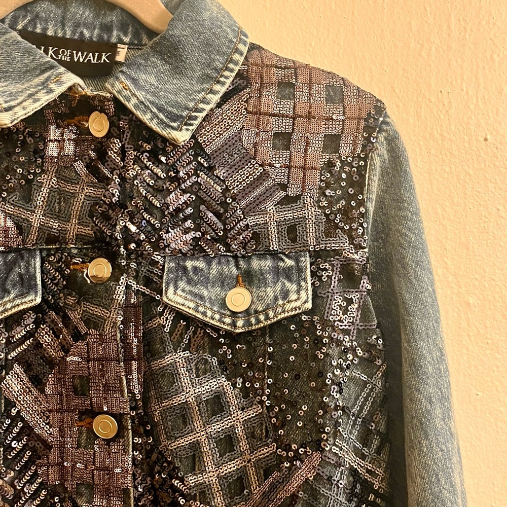 nwt ๐ denim moto jacket with abstract plaid sequins - Picture 7 of 16